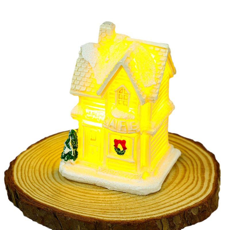 Amazon new Christmas decoration white luminous resin small house Micro landscape small ornaments Christmas gift