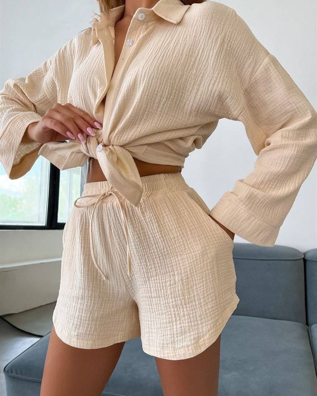 2023 Europe and the United States cross-border Amazon foreign trade new long sleeve commuter shirt shorts suit women