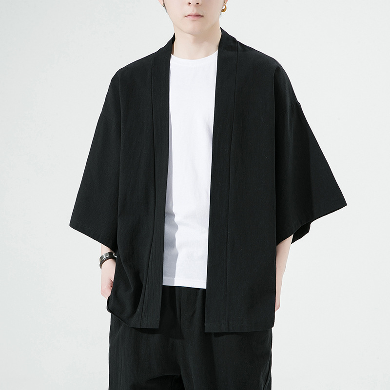 Foreign Trade 2023 Chinese Style Spring and Summer Cotton and Linen Seven-Sleeve Cardigan Robe Shirt Men's Loose Sunscreen Cape Coat