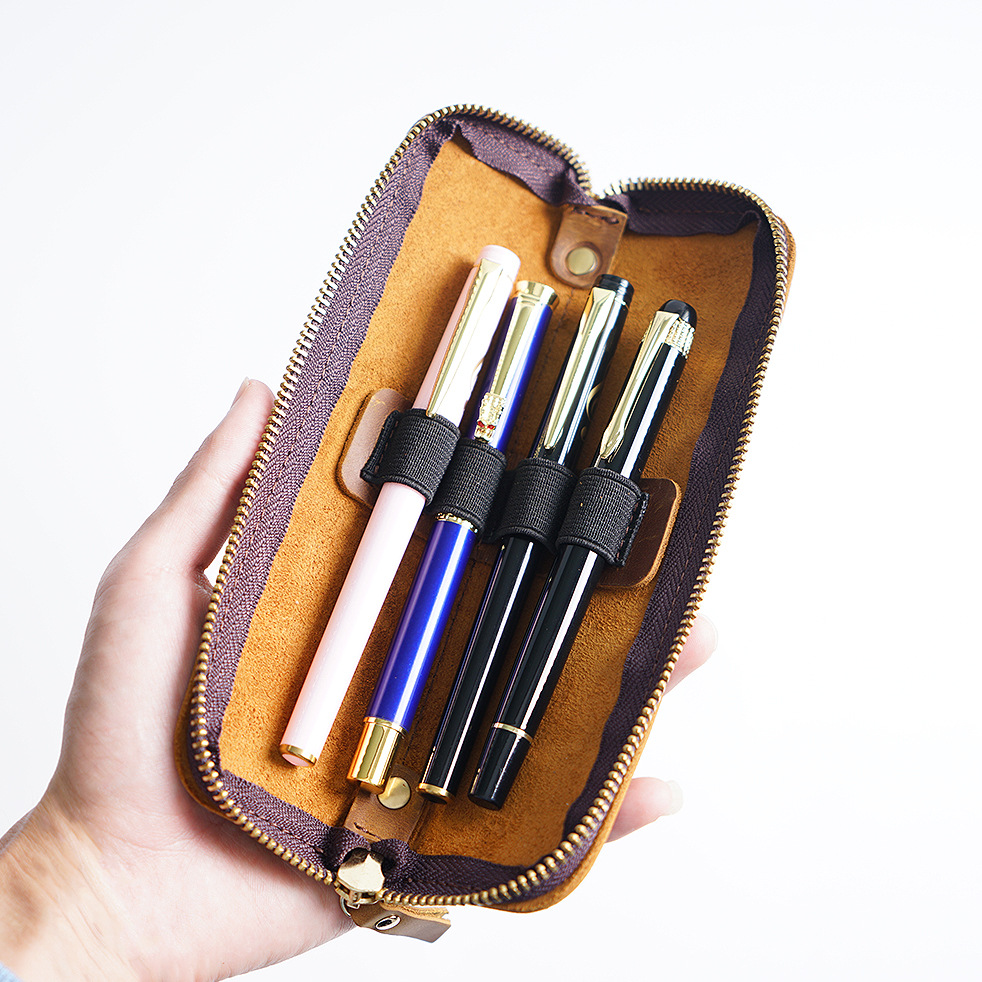 Amazon Simple Cowhide Pencil Case Men's Pen Protective Case Mini Small Portable Stationery Bag Female Student Storage Bag