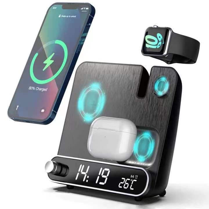 2024 new alarm clock wireless charging three-in-one wireless charging 15W clock wireless charging with thermometer