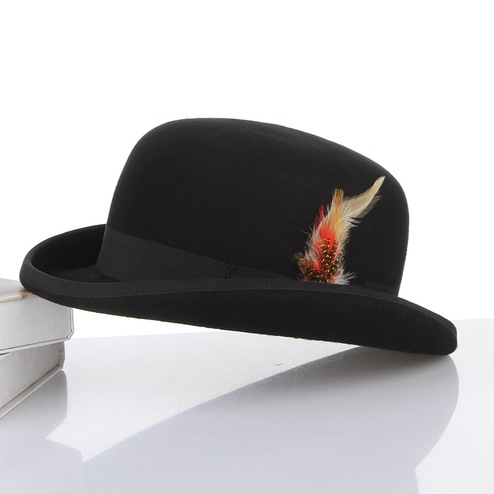 Amazon European and American Men's Hat British Feather Decoration Dome Hat Wool Top Hat Jazz Hat Gentleman Top Hat