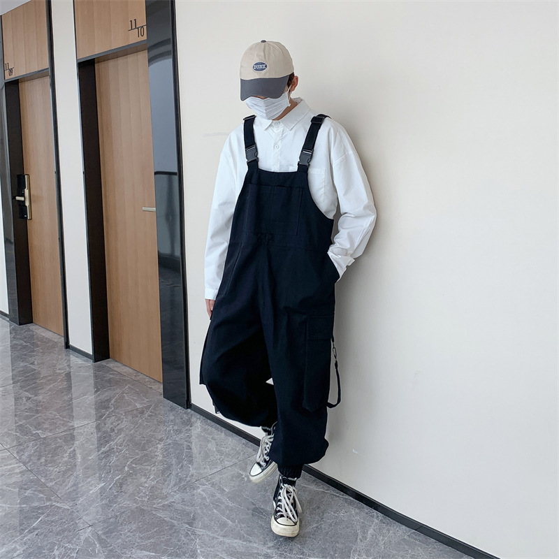 Japanese Harajuku Tooling Sling Pants Men's Trendy Brand ins Retro One-piece Suspender Pants Loose Wide-leg Straight Pants for Daddy