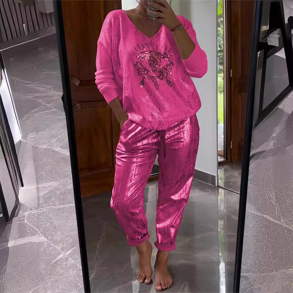 2024 Cross-border Explosions Evil Eye Bronzing Top and Pants Shiny Suit Large Size Women's Summer Independent Station