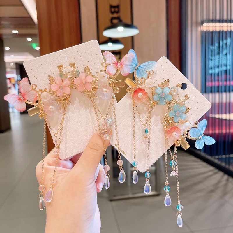 Conjunto de tocados de estilo chino para niños, horquilla Hanfu para niñas, horquilla de estilo antiguo, accesorios para el cabello con borlas de mariposa y hadas_voghion.com