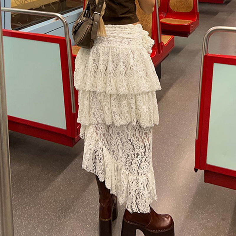Asymmetrical Design Girl's Gentle Style Skirt Summer New Style Lace Stitching Flower Decorative Distinctive Skirt