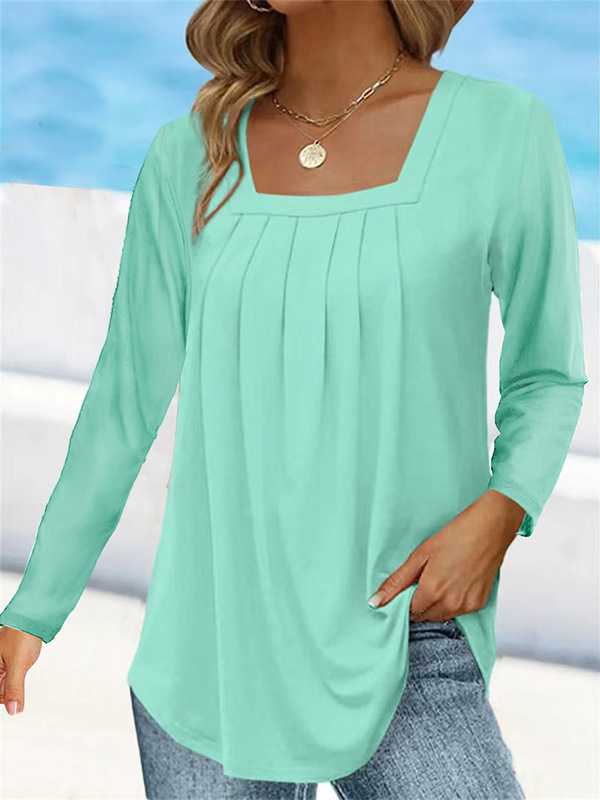  Amazon wish European and American clothing cross-border summer pleated solid color long-sleeved U-neck solid color loose