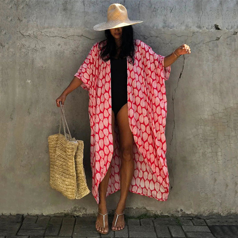 Cross-border explosions European and American rayon leaf printed beach blouse sexy cardigan holiday shawl bikini outer blouse