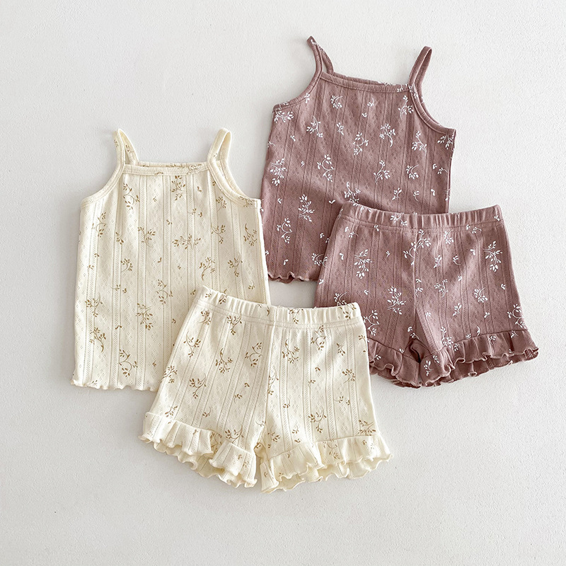 Summer New Nordic Style Girls' Pajamas Category A Pure Cotton Thin Home Clothes Girls' Sling suit Baby Clothes
