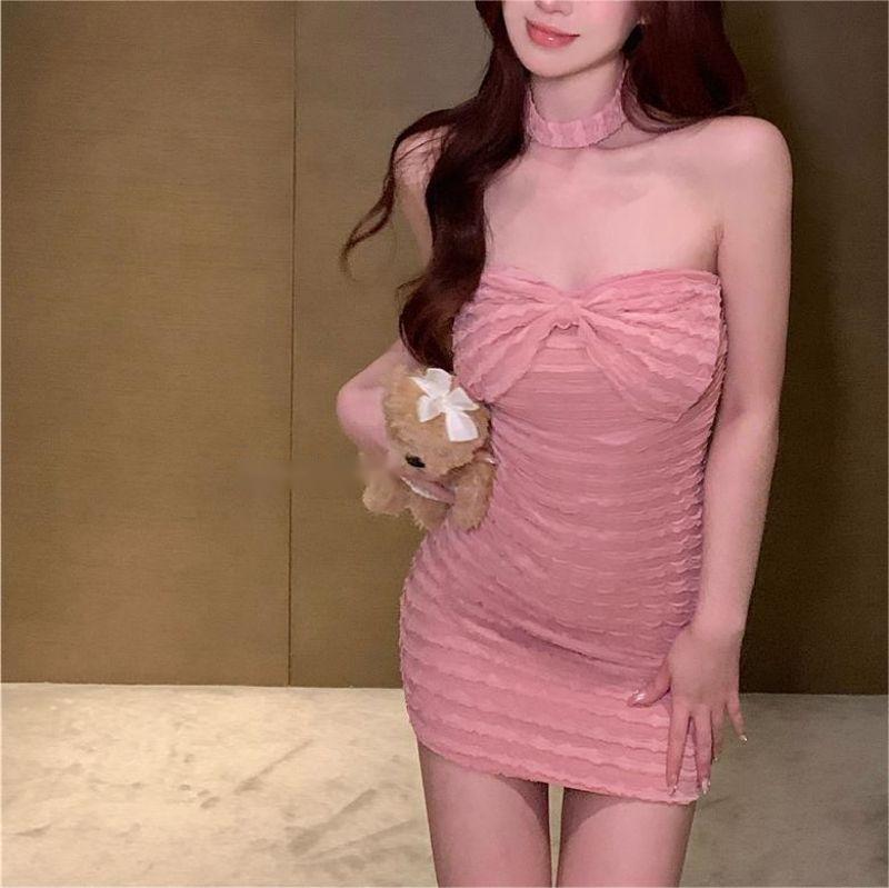 Wear off-shoulder dress slim-fit hot girl women's casual bow collar strapless waist strapless women