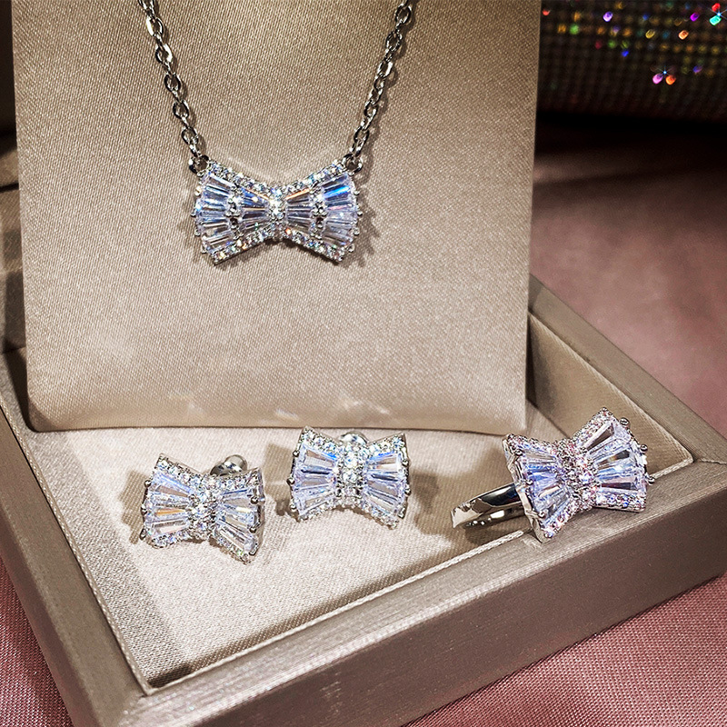 Cao Shi Han Version Simple Bow Jewelry Set Three-Piece Plated Gold Zirconia Set Fashion Women's Accessories Wholesale