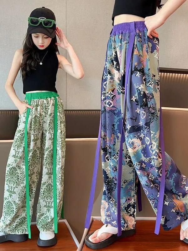 女童防蚊褲夏裝新款洋氣兒童夏季薄款扎染長褲童裝休閒飄帶闊腿褲