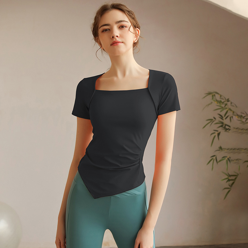 New yoga tops for women's fitness sports slimming quick-drying short-sleeved women's summer running training French collar T-shirts