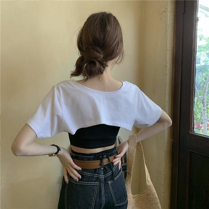 Solid Color Cotton Super Short Short Sleeve T-shirt Women's Summer New Simple Korean Style Design Sense Niche Blouse Hot Girl Top