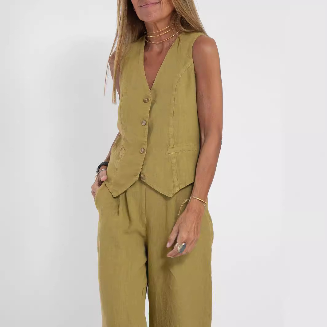 2024 European and American Cross-border Hot Selling New Fashion Vest Trousers Collage Stitching Cotton and Linen Casual Suit