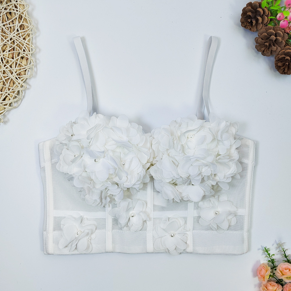 Lace Mesh Fishbone Suspenders Short with Chest Pad Flower Small Vest Outer Wear Base Wrap Chest French Beaded Top