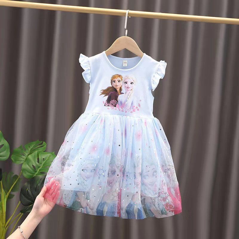 Children's Wear Girls dress Summer 2025 New Frozen Short-sleeved Princess Aisha Dress Children's Mesh Dress Trendy