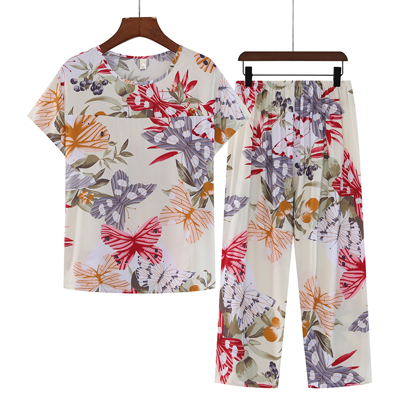 Middle-aged and Elderly Cotton Silk Pajamas Women's Summer Thin Short-sleeved Suit Summer Mother's Large-size Women's Outfit Home Clothes