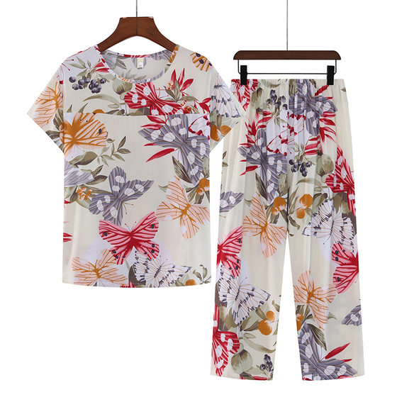 Middle-aged and Elderly Cotton Silk Pajamas Women's Summer Thin Short-sleeved Suit Summer Mother's Large-size Women's Outfit Home Clothes
