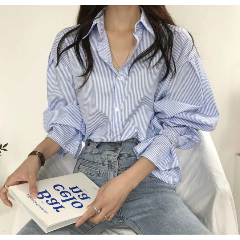 South Korea striped shirt Women's lantern long sleeve early spring autumn chic top design sense niche retro temperament