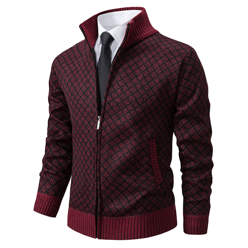 2023 autumn and winter men's fashionable plaid jacket men's fashionable stand collar slim-fit long-sleeved casual sweater