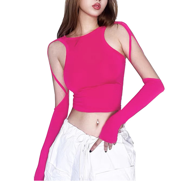 Foreign trade new nude long sleeve women's hollow slimming irregular design moisture wicking skin-friendly fabric with chest pad