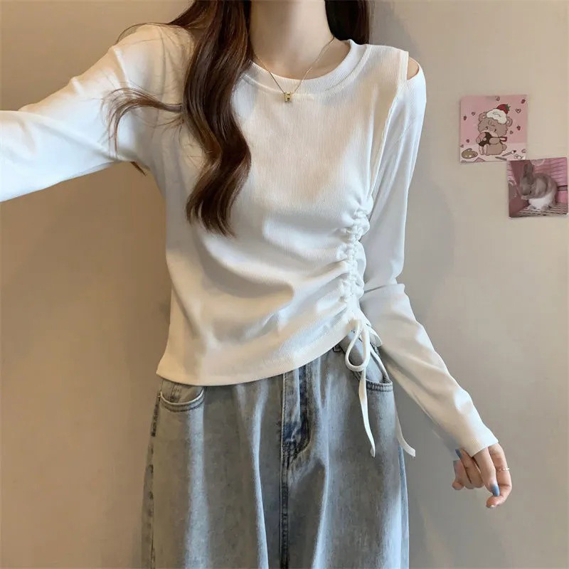 Spring and summer long-sleeved T-shirts for women, slimming bottoming shirts, drawstring inner bottoming shirts, slimming, irregular short tops