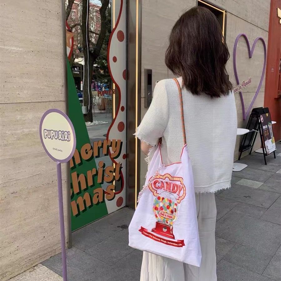 Japanese Embroidered Eco-Friendly Portable Shopping Bag Handbag Oxford Bag ball chain Embroidered Nylon Handbag