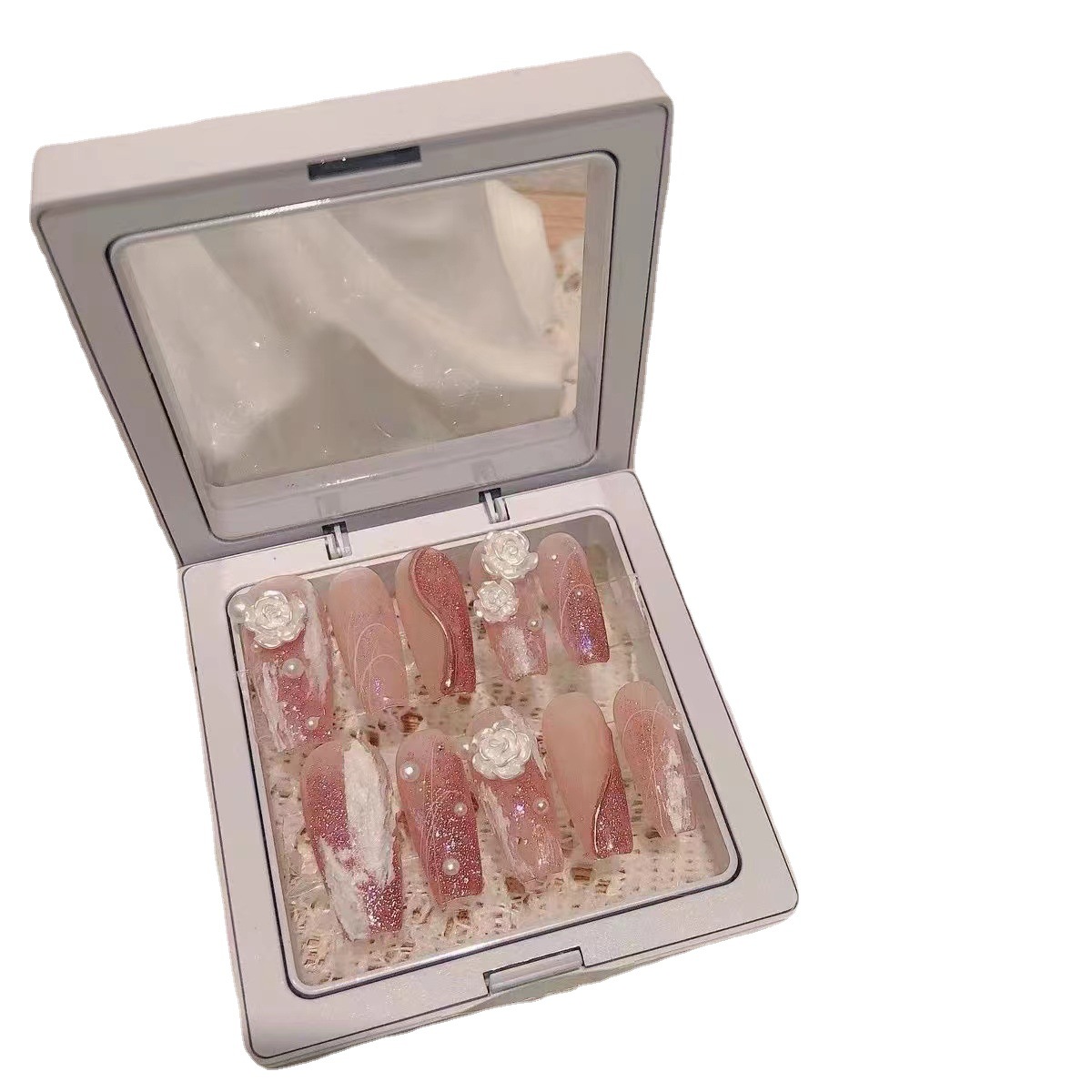 Pure Handmade Phototherapy Wearing Nail Patch - Pink Camellia Design_voghion.com