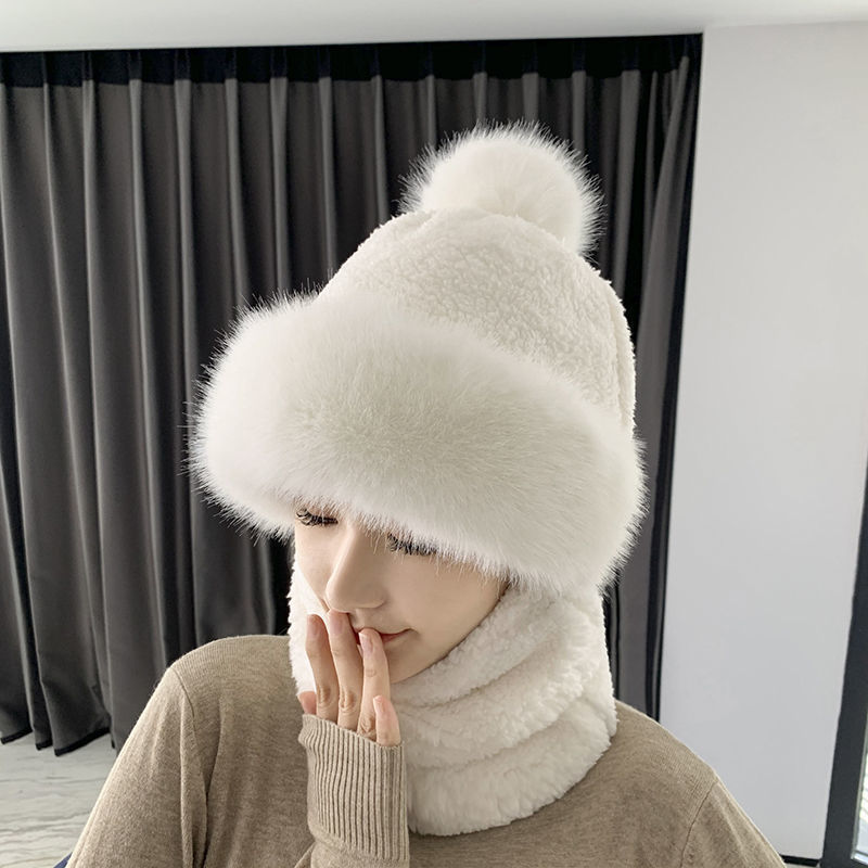 Hat women's autumn and winter New Scarf mask integrated ear protection windproof hat fleece-lined thickened riding warm toe cap