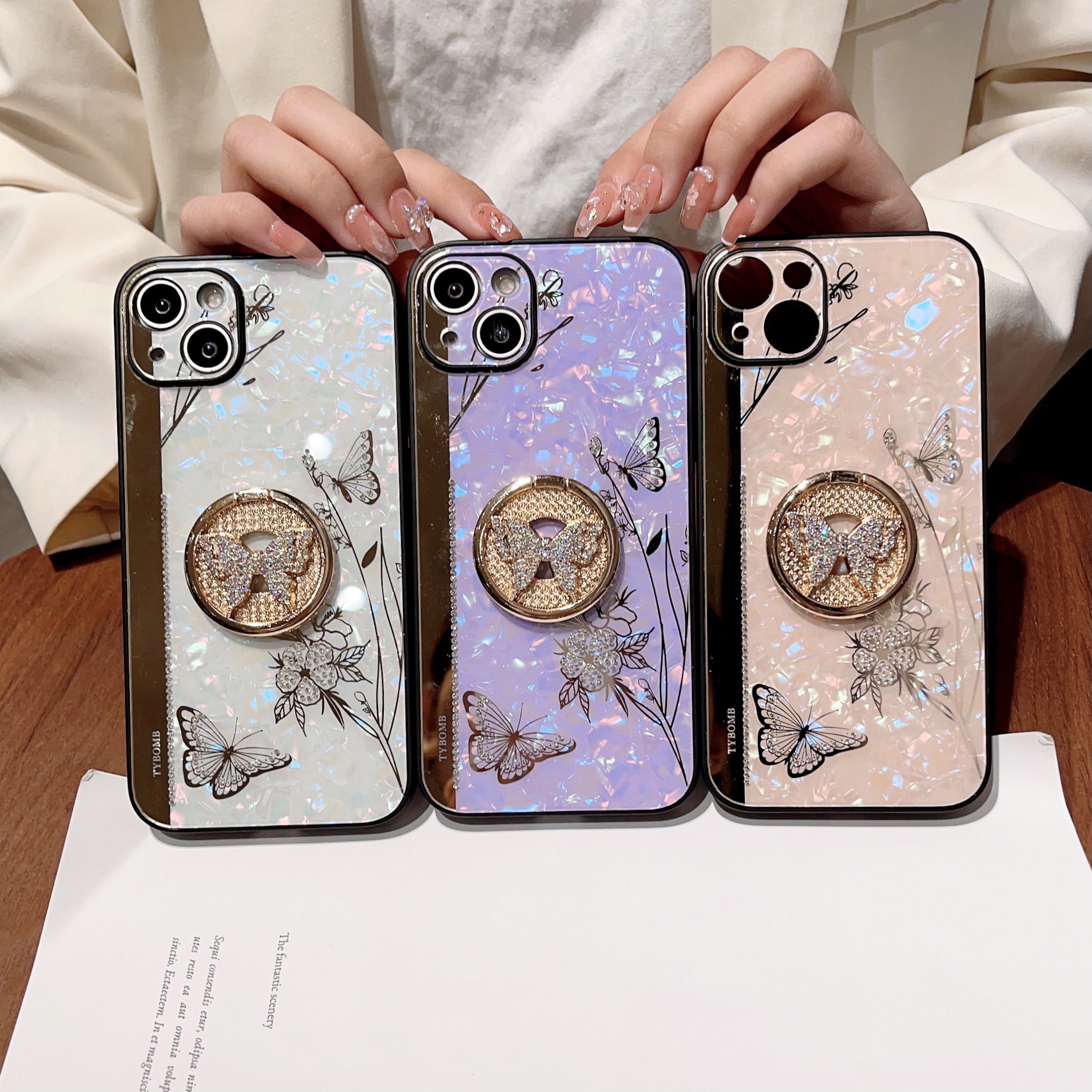 適用蘋果15手機殼蝶戀花鑲鑽蝴蝶支架iPhone13Pro全包軟邊保護套