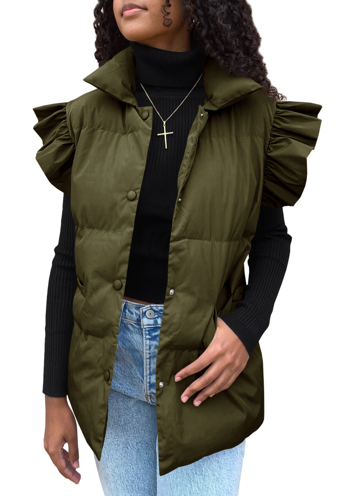 Grenzüberschreitende europäische und amerikanische Herbst- und Winterneuheiten mit lockerer Tasche und Baumwollpolsterung, fliegende Ärmel, elegante Weste, Stehkragen, Mode, Einreiher_voghion.com