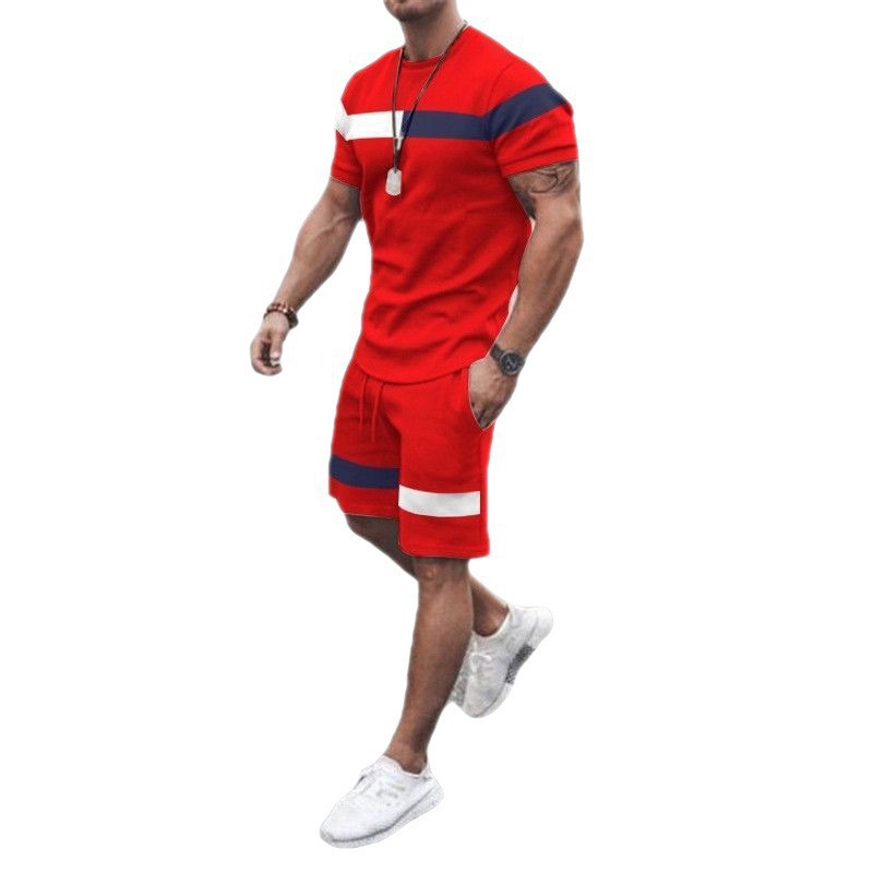 Summer Home Casual Men's Thin Short-sleeved Sports Stripe Crewneck Fitness Suit Men's T-shirt Fashionable Two-piece Set