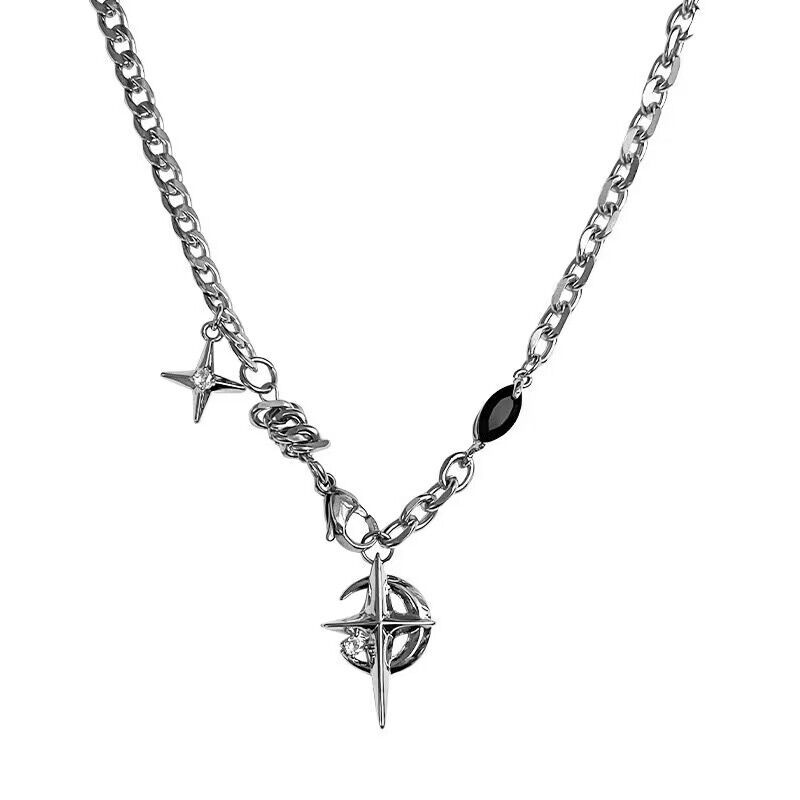 Titanium steel necklace black gem Awn star European and American hip hop Street necklace boys niche design high-grade clavicle chain
