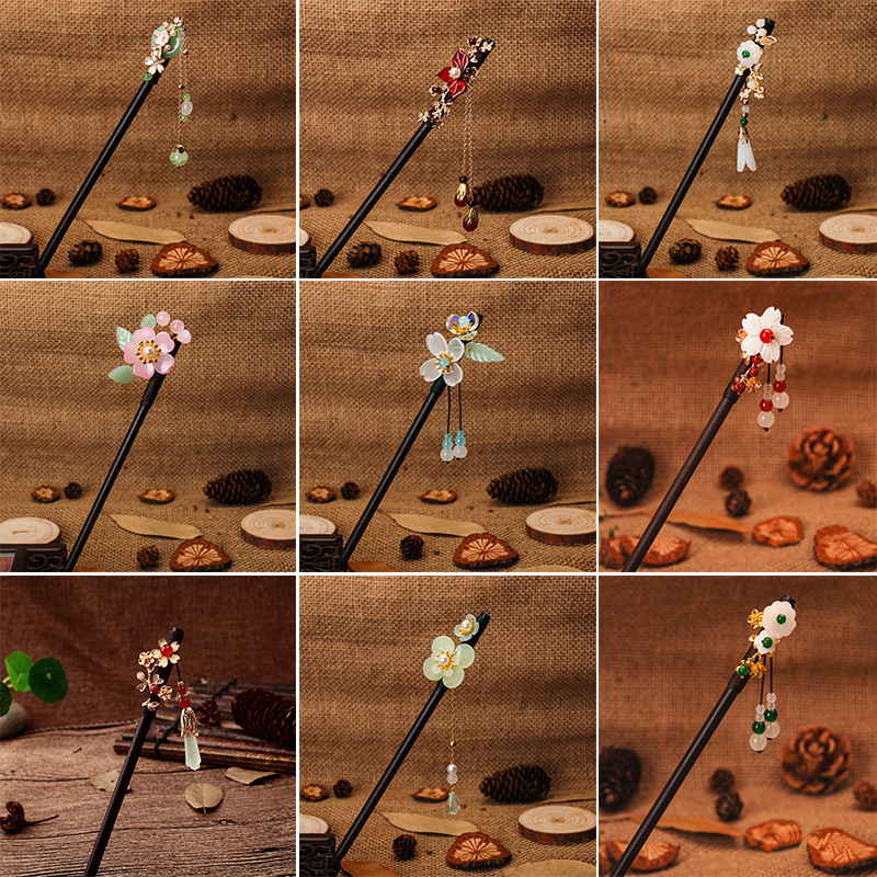 Imitation Ebony Wood Hairpin Tassel Step Shake Hairpin Children's Antique Headdress Disc Hair Han Clothing Accessories Ancient Clothing Hair Hairpin Hair Accessories