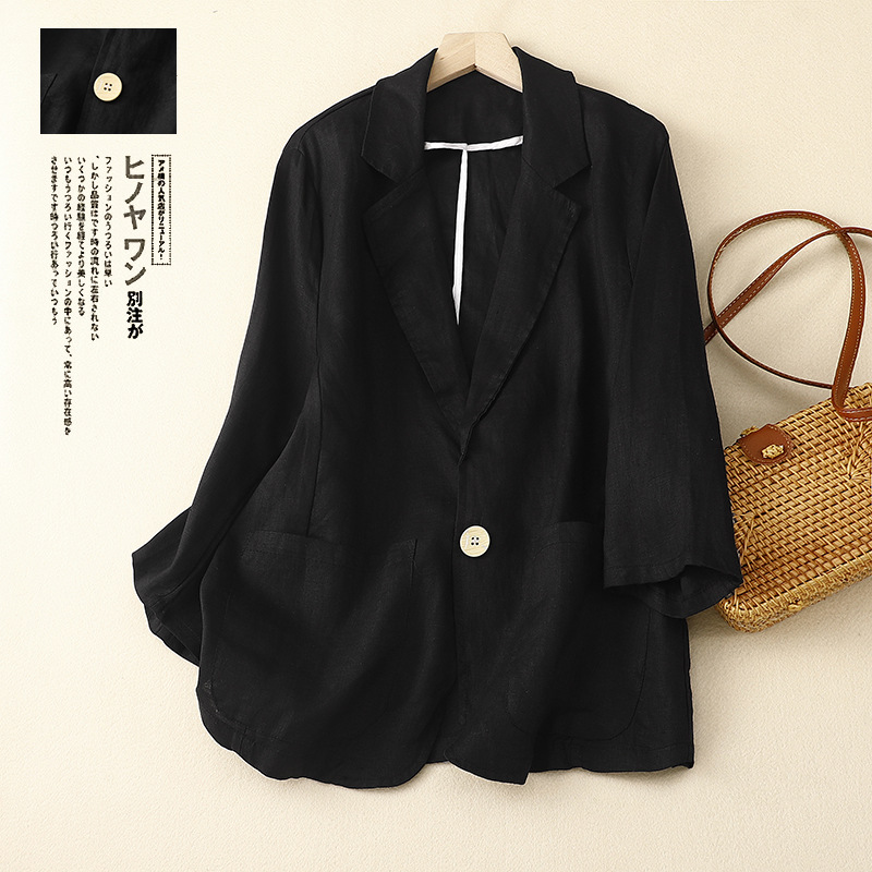 Cotton and linen casual three-quarter sleeve short coat women's solid color small suit top 2024 spring new literary small coat