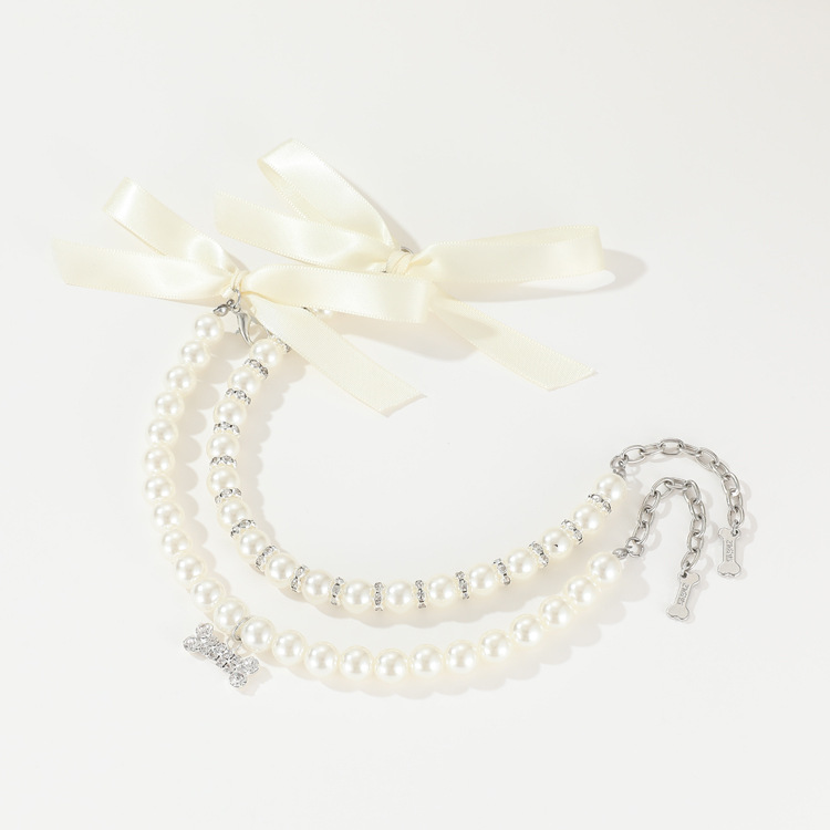 Zhous Pet Products Collar Traction Rope Collar Pearl Cat Necklace Medium and Small Dog Collar Neck Jewelry