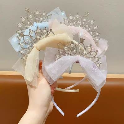 Princess Elegant Crown Headwear Little Girl's Mesh Bow Pearl Headband Pleated Lace Embroidered Headband Hair Card