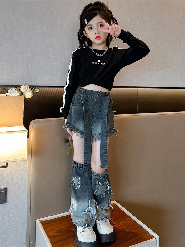 女童設計感兩穿牛仔套裝兒童爵士舞潮服少兒個性甜辣風嘻哈街舞潮