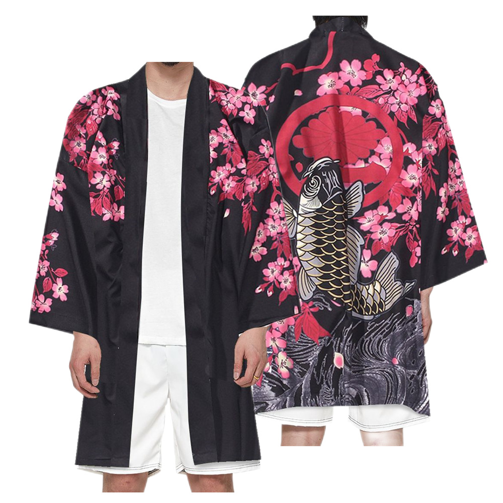 Japanese style ukiyo-e sea carp 3D digital printing creative kimono feather woven cosplay long Cape kimono