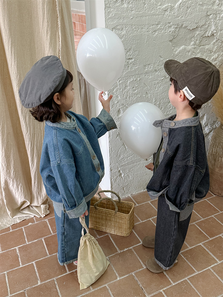 Jiaye children's 2023 children's spring color matching Denim shirt coat baby straight pants cropped pants two-piece suit