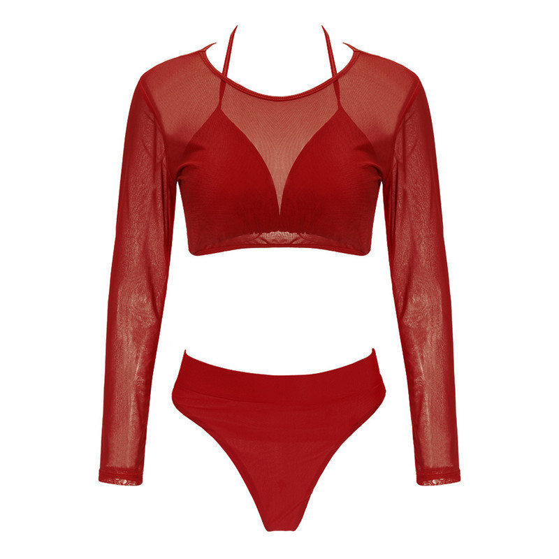 2022 new European and American sexy split swimsuit plus size three-piece mesh bikini swimsuit long sleeve BIJINI