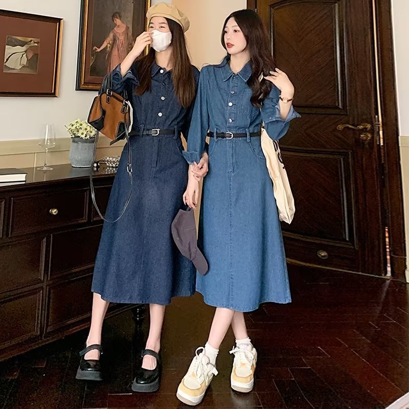 plus size Women's chubby girl Early Autumn Tibetan Flesh Slimming Denim dress Temperament Retro Design Mature Light Luxury Dress