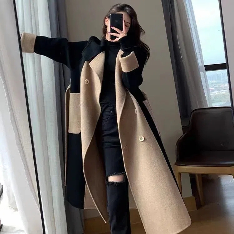 Winter new double-sided velvet wool color matching elegant Hepburn style slimming woolen coat women's long belt coat
