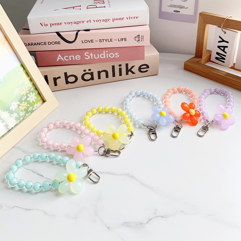 New Ins Style Handmade Beaded Macaron Beads in Beads Flower Mobile Phone Lanyard Keychain Wrist Rope Trendy Style