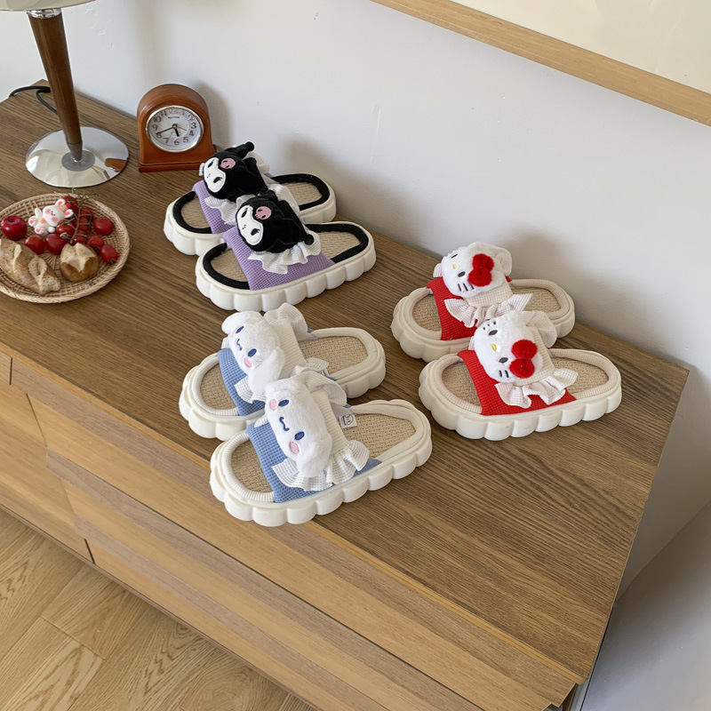 Spring and Summer New Sanrio Linen Slippers Women's Cartoon Household Four Seasons Indoor Breathable Thickened Bottom Home and Household
