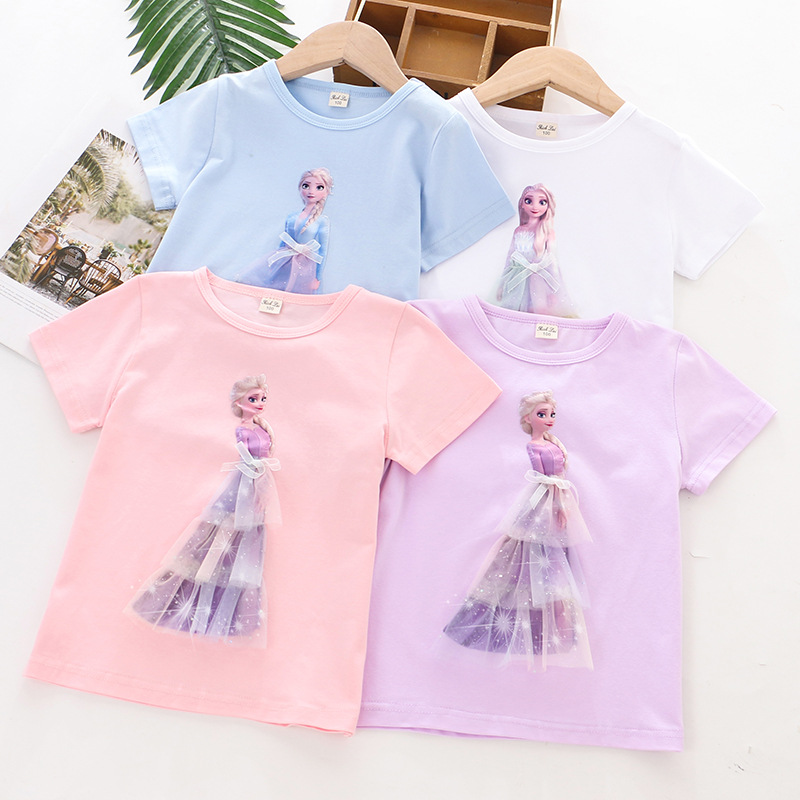 2024 children's clothing new summer girls' T-shirt bottoming shirt three-dimensional Princess top gradient mesh factory one-piece delivery