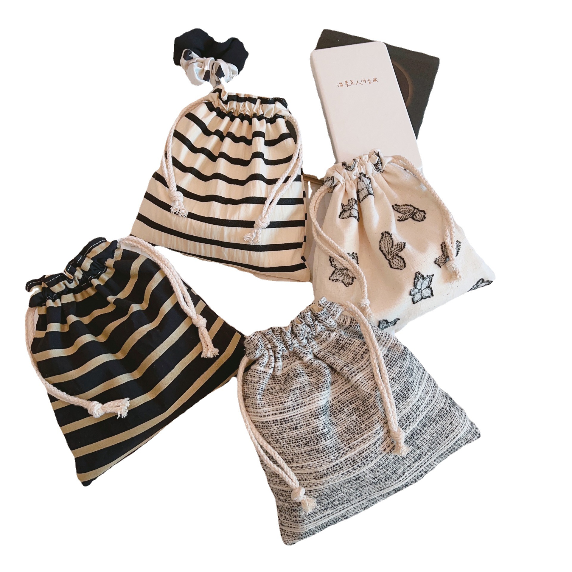 [Su Xi cloth bag] Artistic plain cotton and linen drawstring bag bunched small cloth bag mobile phone mask storage bag hand bag