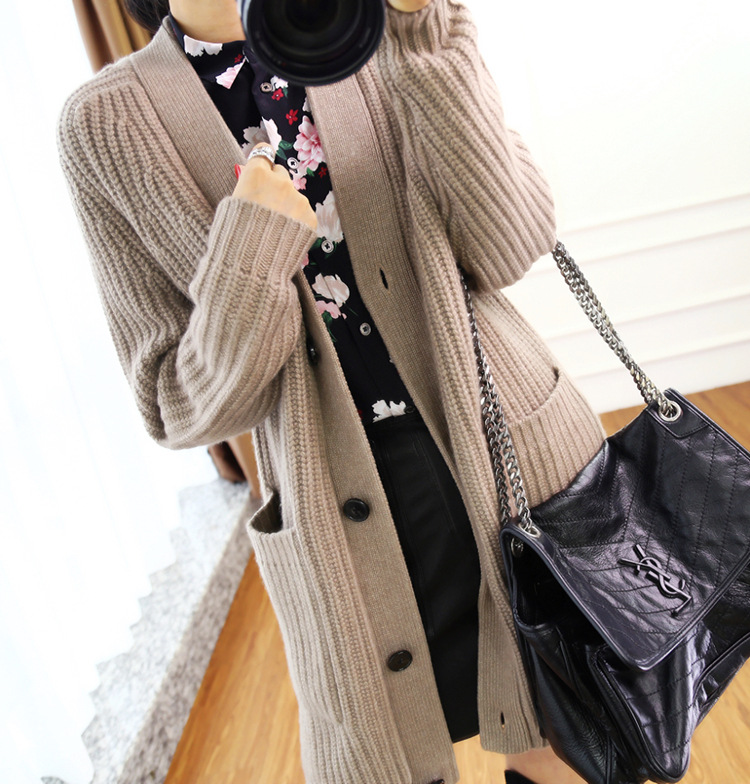 Spring and Autumn Mid-length Knitted Cardigan Women's V-neck Exterior Thickened Sweater Jacket Loose Lazy Style Trendy Sweater