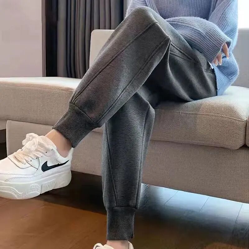 Fleece-lined Thickened Grey Sports Pants Women's Autumn and Winter Straight Loose Tunic Pants Casual All-match Outer Wearing Warm Sweatpants
